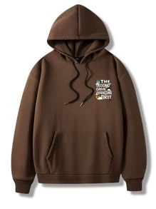 ROMWE MEN Hombres Capucha con estampado de slogan con bolsillo con cordón - Café integral - Ver 2