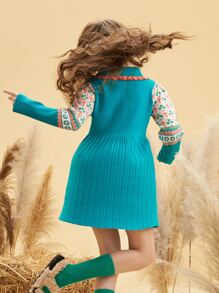 Girls Cartoon Pattern Pleated Hem Jumper Dress - Blue - View 2