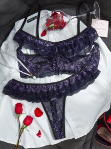 Plus Floral Lace Underwire Lingerie Set - Purple - View 1