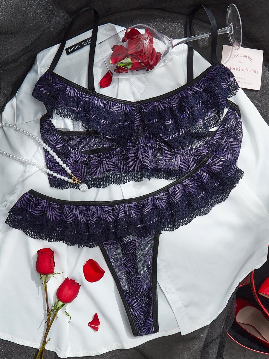 Plus Floral Lace Underwire Lingerie Set - Purple - View 1