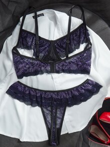 Plus Floral Lace Underwire Lingerie Set - Purple - View 2