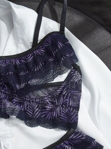 Plus Floral Lace Underwire Lingerie Set - Purple - View 3