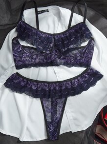 Plus Floral Lace Underwire Lingerie Set - Purple - View 4