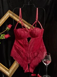 Classic Sexy Plus Contrast Lace Cut Out Bow Front Cut Out Lace Panel Mesh Teddy Bodysuit - Burgundy - View 3