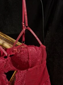 Classic Sexy Plus Contrast Lace Cut Out Bow Front Cut Out Lace Panel Mesh Teddy Bodysuit - Burgundy - View 4