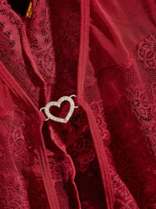 Classic Sexy Plus Contrast Lace Cut Out Bow Front Cut Out Lace Panel Mesh Teddy Bodysuit - Burgundy - View 5