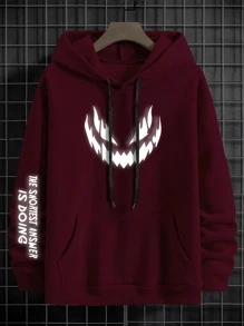 Manfinity EMRG Men Expression & Slogan Graphic Kangaroo Pocket Drawstring Thermal Hoodie - Burgundy - View 1