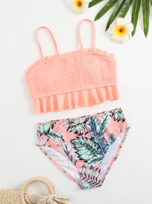 少女热带印花褶饰荷叶边比基尼套装夏季海滩 - 珊瑚粉 - 查看 1
