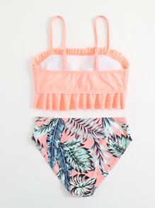 少女热带印花褶饰荷叶边比基尼套装夏季海滩 - 珊瑚粉 - 查看 2