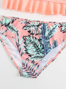 少女热带印花褶饰荷叶边比基尼套装夏季海滩 - 珊瑚粉 - 查看 4