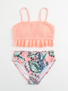 少女热带印花褶饰荷叶边比基尼套装夏季海滩 - 珊瑚粉 - 查看 5