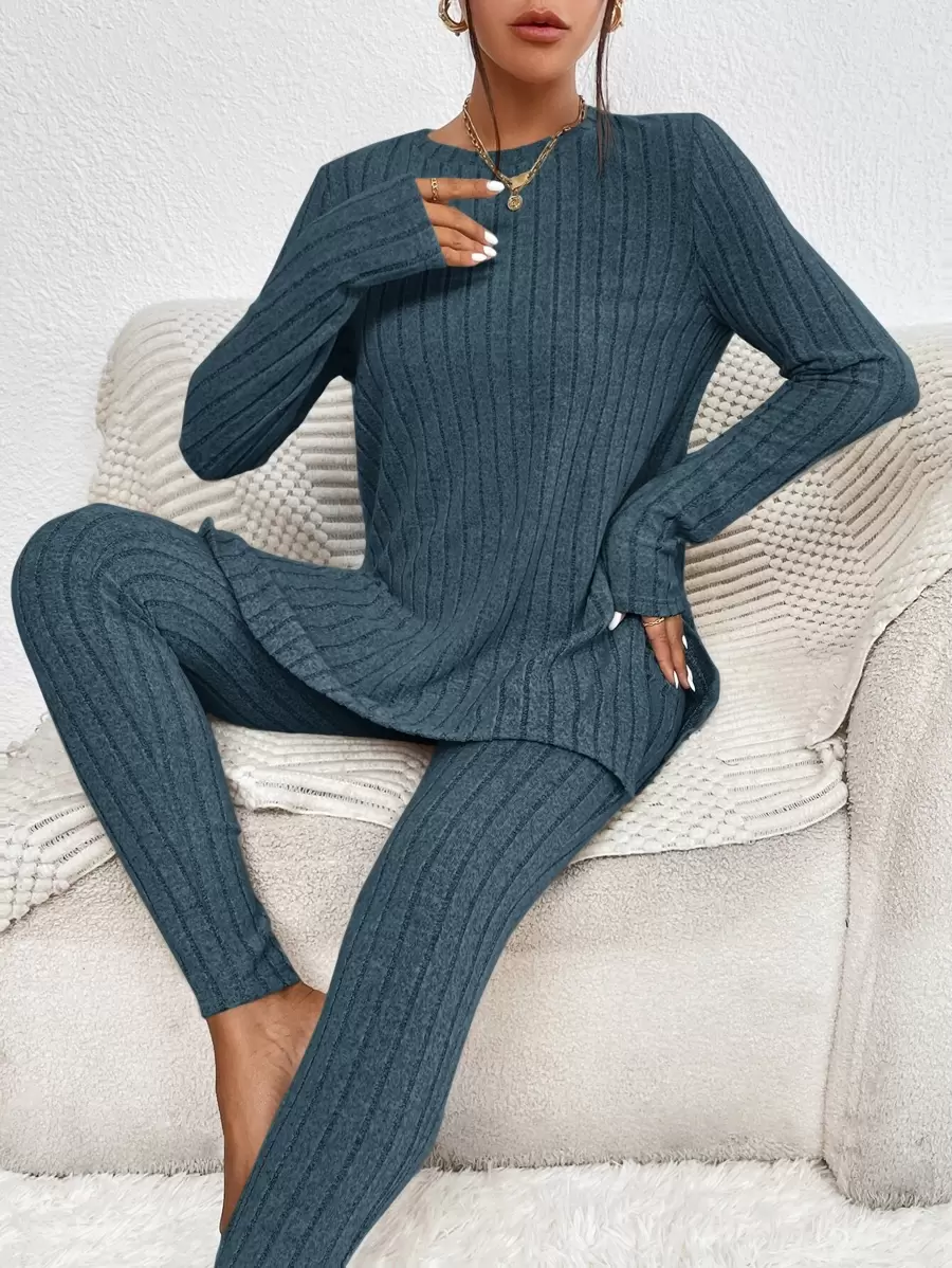 SHEIN Essnce Leggings con camiseta tejido de canalé bajo con abertura