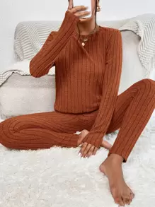 SHEIN Essnce 下擺開叉T恤和緊身褲 - 棕色 - 查看 3