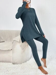 SHEIN Essnce Leggings con camiseta tejido de canalé bajo con abertura