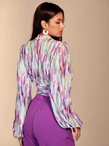 BizChic 女士紫色全印花立领后褶饰灯笼袖办公室衬衫，长袖 - 彩色 - 查看 2