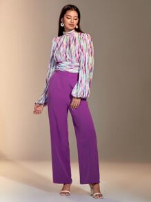 BizChic 女士紫色全印花立领后褶饰灯笼袖办公室衬衫，长袖 - 彩色 - 查看 3