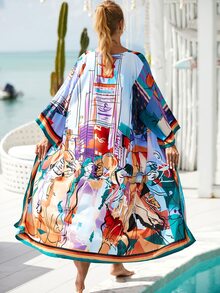 1入組人像圖案腰帶和服罩衫休閒服穿戴洋裝度假