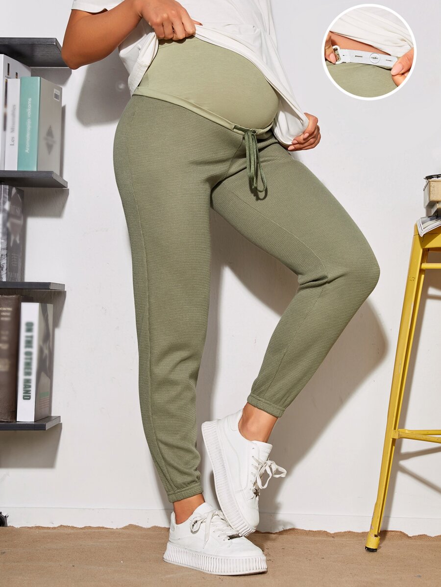 SHEIN Maternity Wide Waistband Drawstring Waist Trousers - Army Green - View 1