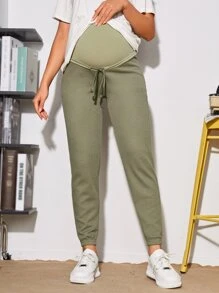 SHEIN Maternity Wide Waistband Drawstring Waist Trousers - Army Green - View 6