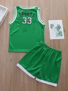 SHEIN 年輕男孩字母圖案背心短袖+運動短褲 - 綠色 - 查看 2