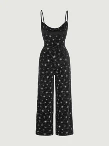 SHEIN MOD Star Print Draped Collar Cami Jumpsuit - Black - View 6
