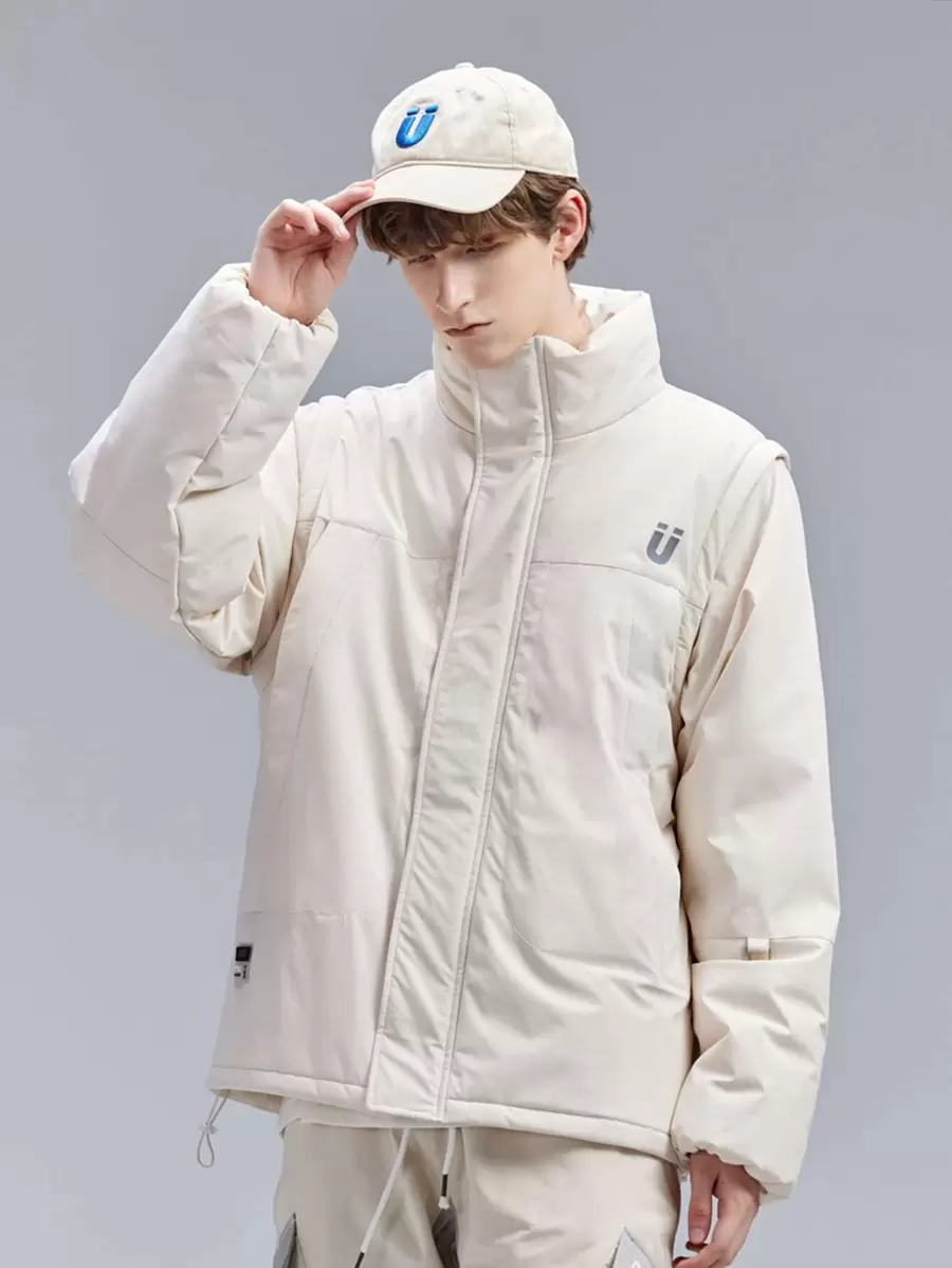 Men Letter Graphic Drawstring Hem Padded Coat - Beige - View 1