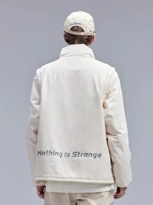 Men Letter Graphic Drawstring Hem Padded Coat - Beige - View 2