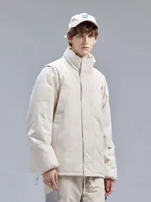 Men Letter Graphic Drawstring Hem Padded Coat - Beige - View 6