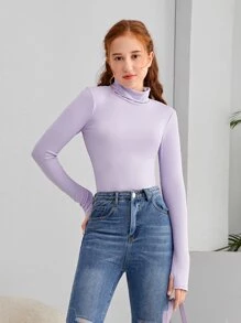 SHEIN Chicas adolescentes Camiseta unicolor de cuello cisne - Lila Púrpura - Ver 1