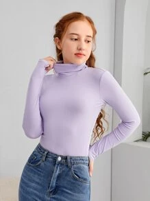 SHEIN Chicas adolescentes Camiseta unicolor de cuello cisne - Lila Púrpura - Ver 3