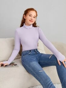 SHEIN Chicas adolescentes Camiseta unicolor de cuello cisne - Lila Púrpura - Ver 6