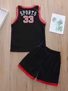 SHEIN Young Boy Letter Graphic Tank Top & Track Shorts - Black - View 2