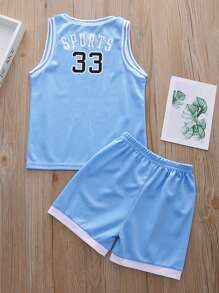 SHEIN Young Boy Letter Graphic Tank Top & Track Shorts - Baby Blue - View 2