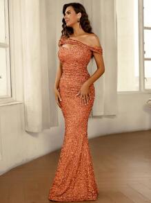 Missord Asymmetrical Neck Sequin Formal Dress - Orange - View 4