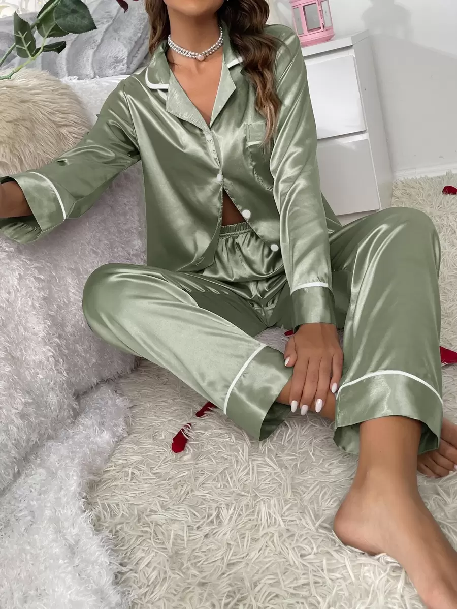 撞色包边纽扣前襟翻领缎面睡衣套装/家居服套装，秋冬舒适优雅细节 - 橄欖綠 - 查看 1