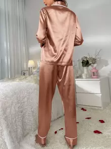 Nút đóng tương phản Bộ PJ cổ áo có ve áo phía trước / Bộ đồ ngủ - Màu hồng gỉ - Xem 2