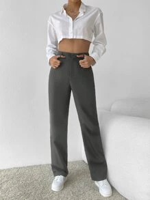 SHEIN Frenchy Women Suit Pants Nút Túi Dây kéo màu trơn - Màu xám đen - Xem 3