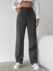 SHEIN Frenchy Women Suit Pants Nút Túi Dây kéo màu trơn - Màu xám đen - Xem 4