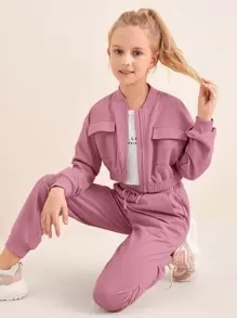 SHEIN Tween Girl Flap Pocket Sweatshirt & Joggers Set - Dusty Pink - View 2