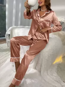 Nút đóng tương phản Bộ PJ cổ áo có ve áo phía trước / Bộ đồ ngủ - Màu hồng gỉ - Xem 4