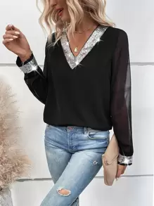 EMERY ROSE 撞色亮片网眼袖衬衫，长袖上衣