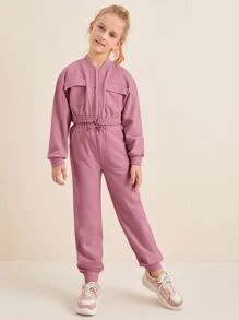 SHEIN Tween Girl Flap Pocket Sweatshirt & Joggers Set - Dusty Pink - View 3