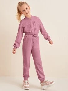 SHEIN Tween Girl Flap Pocket Sweatshirt & Joggers Set - Dusty Pink - View 5