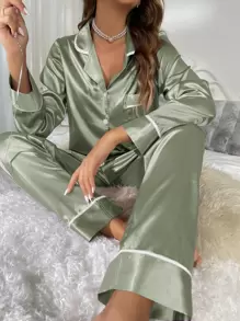 撞色包边纽扣前襟翻领缎面睡衣套装/家居服套装，秋冬舒适优雅细节 - 橄欖綠 - 查看 6