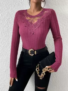 SHEIN Frenchy Ribbed Knit Guipure Lace Insert Grain Fabric Tee - Hot Pink - View 1