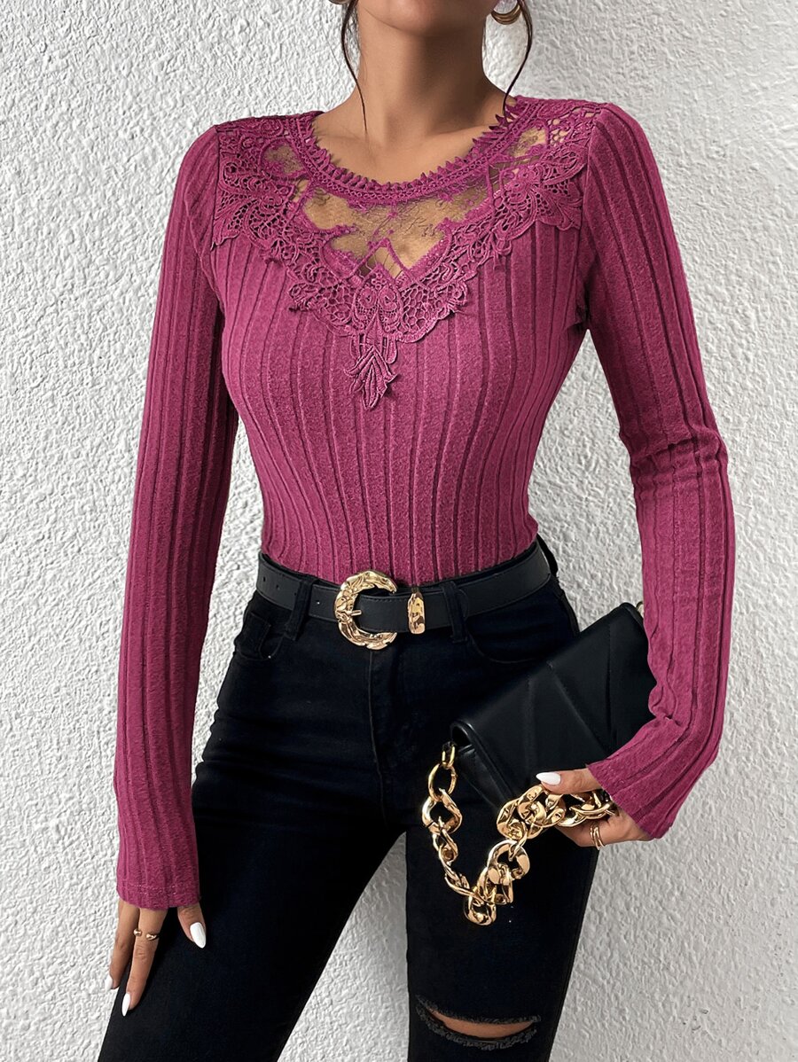 SHEIN Frenchy Ribbed Knit Guipure Lace Insert Grain Fabric Tee - Hot Pink - View 1