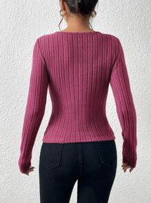 SHEIN Frenchy Ribbed Knit Guipure Lace Insert Grain Fabric Tee - Hot Pink - View 2