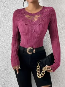 SHEIN Frenchy Ribbed Knit Guipure Lace Insert Grain Fabric Tee - Hot Pink - View 3