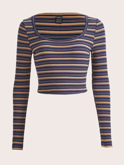 SHEIN EZwear 條紋圖案大圓領短款T恤