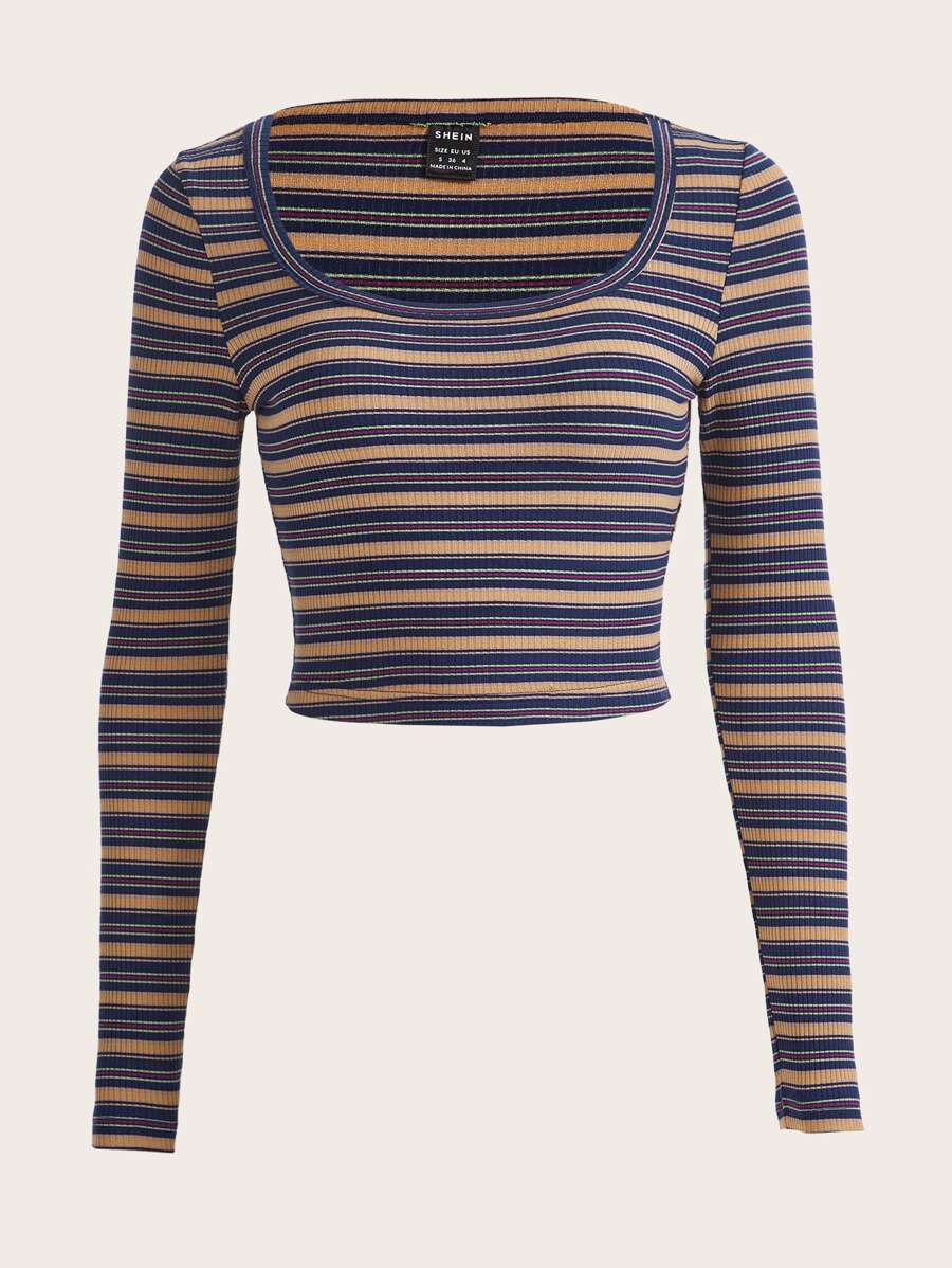 SHEIN EZwear 條紋圖案大圓領短款T恤 - 彩色 - 查看 1